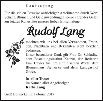 Traueranzeige von Rudolf Lang  von Magdeburger Volksstimme