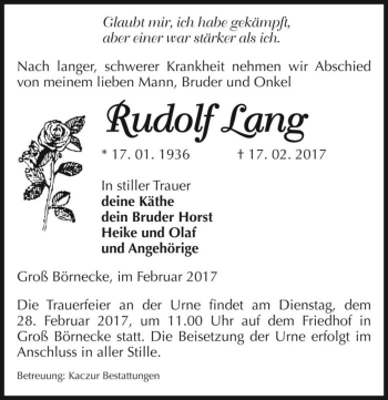 Traueranzeige von Rudolf Lang  von Magdeburger Volksstimme