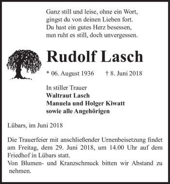 Traueranzeige von Rudolf Lasch  von Magdeburger Volksstimme