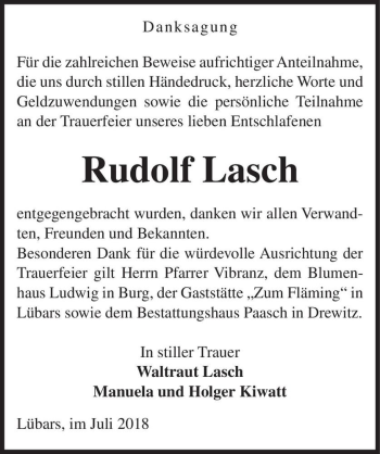 Traueranzeige von Rudolf Lasch  von Magdeburger Volksstimme