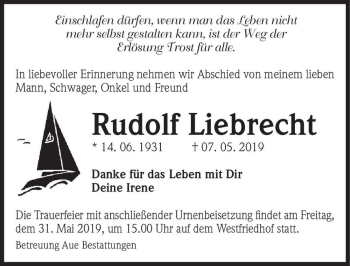 Traueranzeige von Rudolf Liebrecht  von Magdeburger Volksstimme