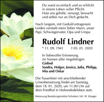 Traueranzeige von Rudolf Lindner  von Magdeburger Volksstimme