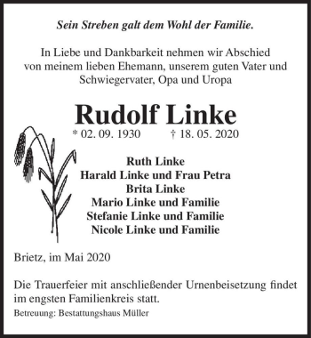 Traueranzeige von Rudolf Linke  von Magdeburger Volksstimme