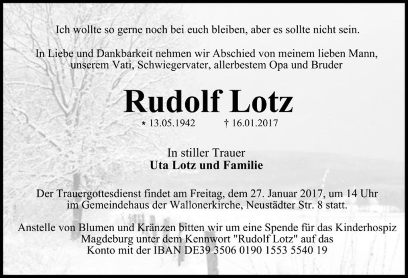  Traueranzeige für Rudolf Lotz  vom 21.01.2017 aus Magdeburger Volksstimme