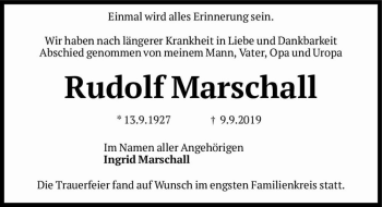 Traueranzeige von Rudolf Marschall  von Magdeburger Volksstimme