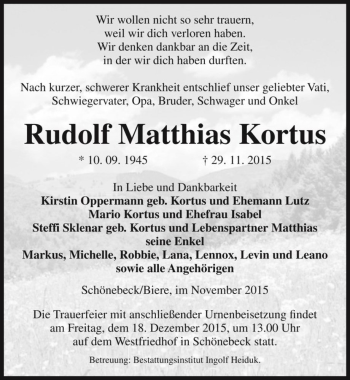 Traueranzeige von Rudolf Matthias Kortus  von Magdeburger Volksstimme