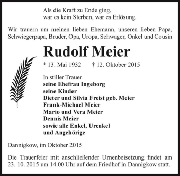 Traueranzeige von Rudolf Meier  von Magdeburger Volksstimme