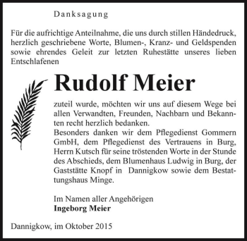 Traueranzeige von Rudolf Meier  von Magdeburger Volksstimme