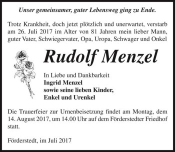 Traueranzeige von Rudolf Menzel  von Magdeburger Volksstimme
