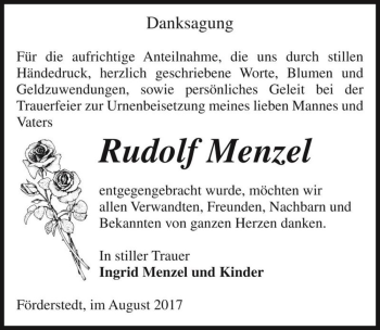 Traueranzeige von Rudolf Menzel  von Magdeburger Volksstimme