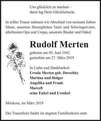 Traueranzeige von Rudolf Merten  von Magdeburger Volksstimme