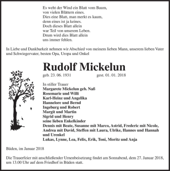 Traueranzeige von Rudolf Mickelun  von Magdeburger Volksstimme