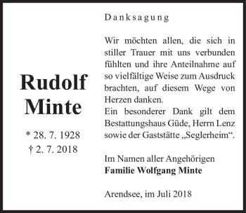Traueranzeige von Rudolf Minte  von Magdeburger Volksstimme