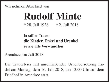 Traueranzeige von Rudolf Minte  von Magdeburger Volksstimme