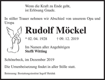 Traueranzeige von Rudolf Möckel  von Magdeburger Volksstimme