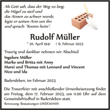 Traueranzeige von Rudolf Müller  von Magdeburger Volksstimme