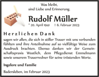 Traueranzeige von Rudolf Müller  von Magdeburger Volksstimme