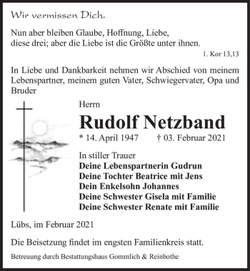 Traueranzeige von Rudolf Netzband  von Magdeburger Volksstimme