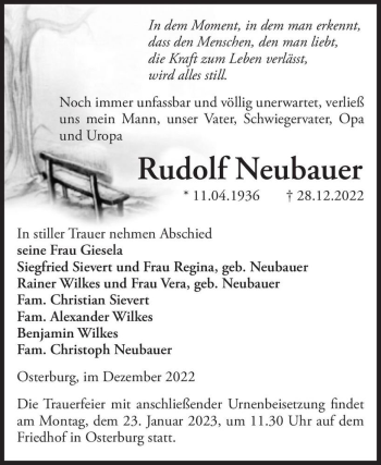 Traueranzeige von Rudolf Neubauer  von Magdeburger Volksstimme