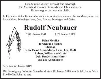 Traueranzeige von Rudolf Neubauer  von Magdeburger Volksstimme