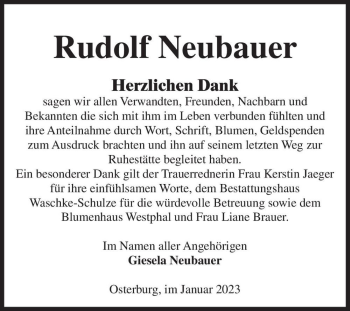 Traueranzeige von Rudolf Neubauer  von Magdeburger Volksstimme