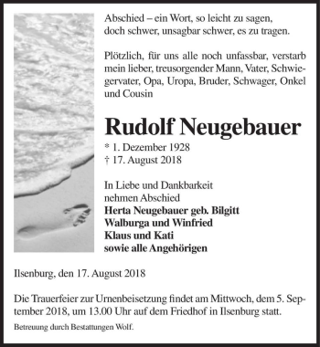 Traueranzeige von Rudolf Neugebauer  von Magdeburger Volksstimme