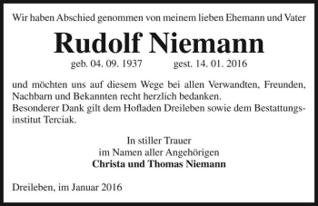 Traueranzeige von Rudolf Niemann  von Magdeburger Volksstimme