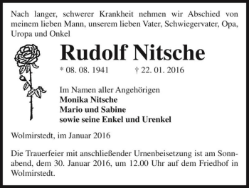 Traueranzeige von Rudolf Nitsche  von Magdeburger Volksstimme