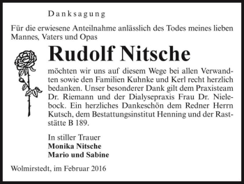Traueranzeige von Rudolf Nitsche  von Magdeburger Volksstimme