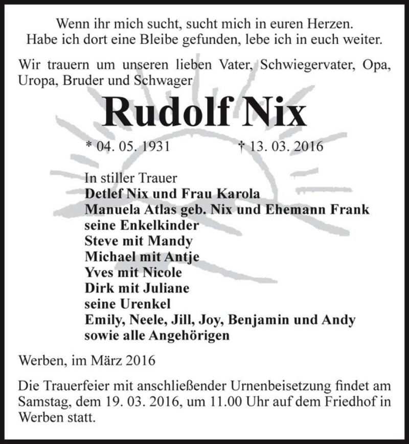  Traueranzeige für Rudolf Nix  vom 16.03.2016 aus Magdeburger Volksstimme