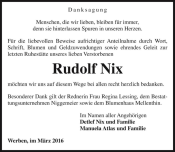 Traueranzeige von Rudolf Nix  von Magdeburger Volksstimme