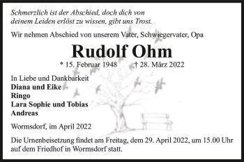 Traueranzeige von Rudolf Ohm  von Magdeburger Volksstimme