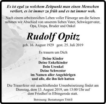 Traueranzeige von Rudolf Opitz  von Magdeburger Volksstimme
