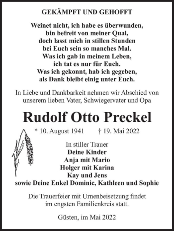 Traueranzeige von Rudolf Otto Preckel  von Magdeburger Volksstimme