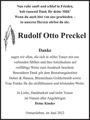 Traueranzeige von Rudolf Otto Preckel  von Magdeburger Volksstimme