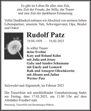 Traueranzeige von Rudolf Patz  von Magdeburger Volksstimme