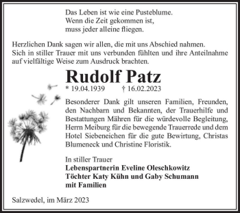 Traueranzeige von Rudolf Patz  von Magdeburger Volksstimme