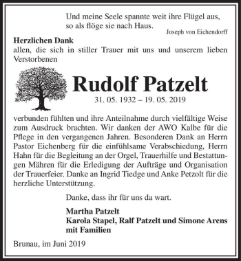 Traueranzeige von Rudolf Patzelt  von Magdeburger Volksstimme