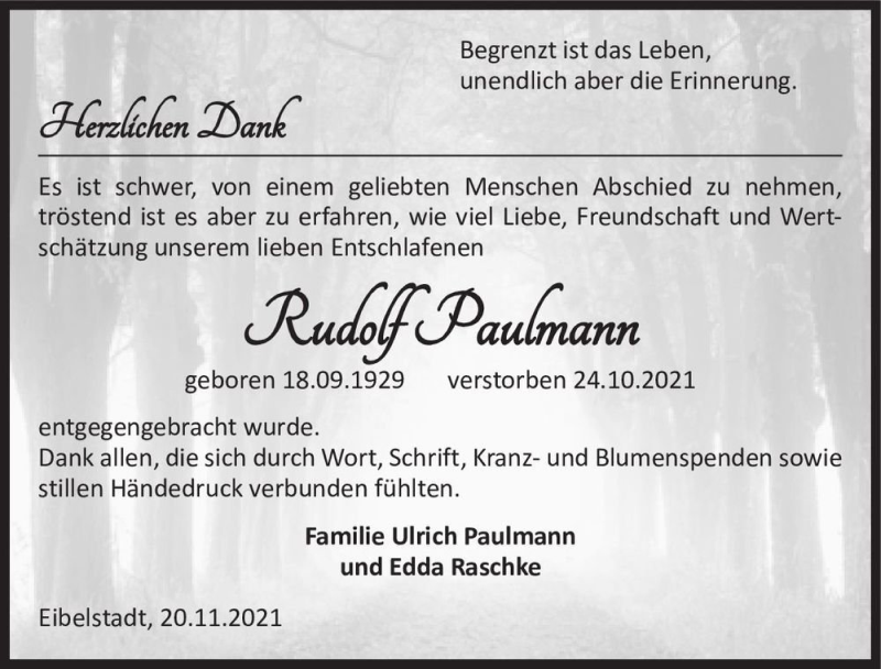  Traueranzeige für Rudolf Paulmann  vom 20.11.2021 aus Magdeburger Volksstimme