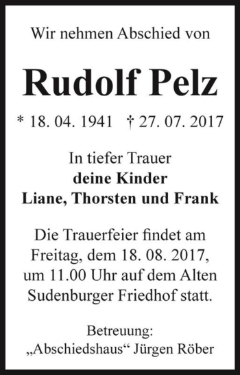 Traueranzeige von Rudolf Pelz  von Magdeburger Volksstimme