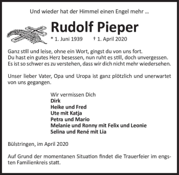 Traueranzeige von Rudolf Pieper  von Magdeburger Volksstimme
