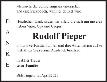 Traueranzeige von Rudolf Pieper  von Magdeburger Volksstimme