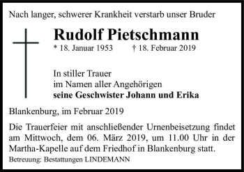 Traueranzeige von Rudolf Pietschmann  von Magdeburger Volksstimme