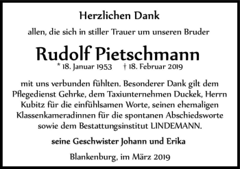 Traueranzeige von Rudolf Pietschmann  von Magdeburger Volksstimme
