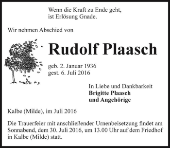 Traueranzeige von Rudolf Plaasch  von Magdeburger Volksstimme