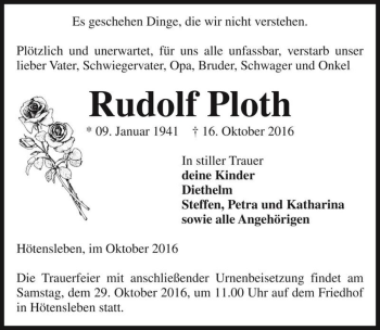 Traueranzeige von Rudolf Ploth  von Magdeburger Volksstimme