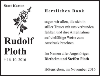 Traueranzeige von Rudolf Ploth  von Magdeburger Volksstimme