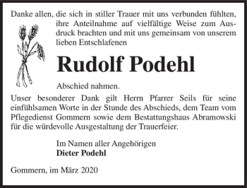 Traueranzeige von Rudolf Podehl  von Magdeburger Volksstimme
