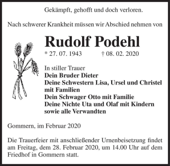 Traueranzeige von Rudolf Pohdehl  von Magdeburger Volksstimme