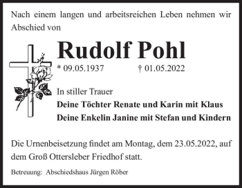 Traueranzeige von Rudolf Pohl  von Magdeburger Volksstimme